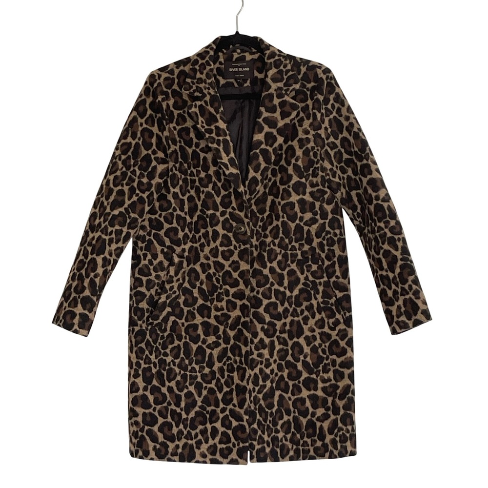 River Island Womens Leopard Print Wool Blend Overcoat Single Button Brown UK 10